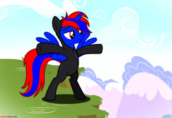 Size: 828x569 | Tagged: safe, artist:stephen-fisher, oc, oc only, oc:stephen (stephen-fisher), alicorn, g4, alicorn oc, bipedal, cliff, cloud, horn, male, mountain, solo, spy suit, wings