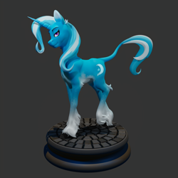 Size: 2160x2160 | Tagged: safe, artist:tenebrisnoctus, trixie, classical unicorn, pony, unicorn, g4, 3d, 3d model, alternate design, aside glance, cloven hooves, female, fit, gray background, high res, horn, leonine tail, lidded eyes, looking at you, mare, simple background, slender, smiling, smiling at you, solo, thin, unshorn fetlocks