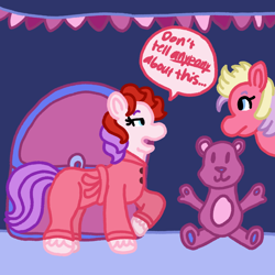 Size: 1200x1200 | Tagged: safe, artist:mintwhistle, secret tale, sundance (g2), earth pony, pony, g2, atg 2024, clothes, dialogue, duo, duo female, female, frown, looking at each other, looking at someone, mare, medibang paint, mysterious, newbie artist training grounds, open mouth, plushie, room, secret, speech bubble, streamers, teddy bear, treasure chest, trenchcoat, unshorn fetlocks