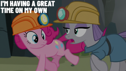 Size: 2000x1125 | Tagged: safe, edit, edited screencap, editor:quoterific, screencap, maud pie, pinkie pie, earth pony, pony, g4, rock solid friendship, season 7, duo, duo female, female, helmet, mare, mining helmet