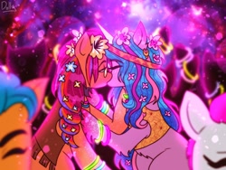 Size: 2048x1536 | Tagged: safe, artist:the-fucking-cannibal, hitch trailblazer, izzy moonbow, sunny starscout, zipp storm, earth pony, pegasus, pony, unicorn, g5, bridlewoodstock, duo focus, female, horn, kiss on the lips, kissing, lesbian, lesbian in front of boys, male, mane stripe sunny, mare, ship:moonscout, shipping, stallion