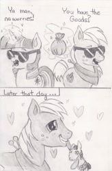 Size: 1000x1522 | Tagged: safe, artist:nedemai, big macintosh, smarty pants, twilight sparkle, earth pony, pony, unicorn, g4, 2 panel comic, atg 2024, bag, comic, duo, duo male and female, female, floating heart, glowing, glowing horn, grayscale, grin, heart, horn, levitation, magic, male, mare, money bag, monochrome, mouth hold, newbie artist training grounds, pencil drawing, smiling, stallion, sunglasses, telekinesis, traditional art, unicorn twilight