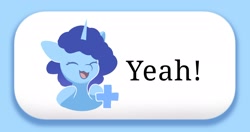 Size: 2048x1083 | Tagged: safe, artist:nari_artsz, misty brightdawn, pony, unicorn, g5, blue coat, blue mane, button, emotes, eyes closed, female, horn, lineless, mare, meme, miiverse, plus sign, reaction image, simple background, smiling, solo, yeah, yeah! (miiverse)