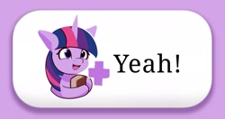 Size: 2048x1083 | Tagged: safe, artist:nari_artsz, twilight sparkle, pony, unicorn, g4, book, button, emotes, eyes closed, female, floppy ears, horn, lineless, mare, meme, miiverse, open mouth, plus sign, purple coat, reaction image, simple background, smiling, solo, two toned mane, unicorn twilight, yeah, yeah! (miiverse)