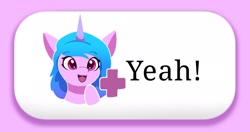 Size: 2048x1083 | Tagged: safe, artist:nari_artsz, izzy moonbow, pony, unicorn, g5, blue mane, button, emotes, eyes closed, female, happy, horn, lineless, looking at you, mare, meme, miiverse, open mouth, palindrome get, plus sign, purple coat, reaction image, simple background, smiling, solo, yeah, yeah! (miiverse)