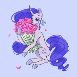 Size: 2048x2048 | Tagged: safe, artist:scarletravine, rarity, pony, unicorn, g4, blue background, bouquet, female, flower, high res, hoof hold, horn, lidded eyes, looking at you, mare, simple background, sitting, smiling, smiling at you, solo, unshorn fetlocks