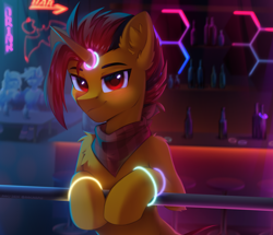 Size: 3128x2688 | Tagged: safe, artist:anku, oc, oc only, oc:selest light, pony, unicorn, bar, bipedal, horn, human shoulders, neon, solo focus, unicorn oc