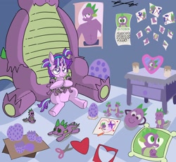 Size: 2560x2360 | Tagged: safe, artist:hollaholla69, spike, starlight glimmer, dragon, pony, unicorn, g4, bedroom eyes, beefspike, calendar, candle, collection, crush, cute, egg, female, heart, high res, horn, hug, implied sparlight, love, male, mask, not creepy, obsessed dash meme, obsession, picture, pillow, plushie, poster, reupload, scissors, ship:sparlight, shipping, shrine, spike plushie, spikelove, stalker shrine, straight, toy, yandere