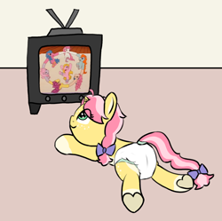 Size: 1506x1500 | Tagged: safe, artist:cleverround, oc, oc only, oc:crafty circles, pony, unicorn, g1, my little pony tales, bow, butt freckles, childhood, coat markings, colored belly, cute, diaper, diaper fetish, female, fetish, filly, foal, freckles, hair bow, horn, lying down, non-baby in diaper, not kettle corn, pigtails, prone, smiling, socks (coat markings), solo, tail, tail bow, television, underhoof