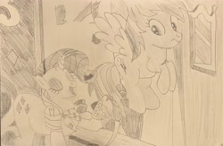 Size: 3516x2293 | Tagged: safe, artist:mlpfantealmintmoonrise, applejack, rarity, pegasus, unicorn, g4, the end in friend, atg 2024, clothes, duo, duo female, facial expressions, female, generosity, horn, loyalty, mare, monochrome, newbie artist training grounds, pencil drawing, photo, picture, scarf, scene interpretation, school of friendship, simple background, traditional art