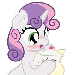 Size: 1919x1919 | Tagged: safe, artist:nitei, sweetie belle, pony, unicorn, g4, :o, atg 2024, blushing, envelope, female, filly, foal, heart, horn, implied rarity, letter, love letter, newbie artist training grounds, open mouth, reading, simple background, snooping, solo, surprised, transparent background