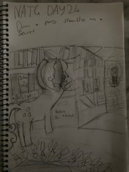 Size: 3024x4032 | Tagged: safe, artist:goldenmidnight, twinkleshine, g4, bookshelf, entrance, facing away, library, monochrome, newbie artist training grounds, solo, torch, traditional art