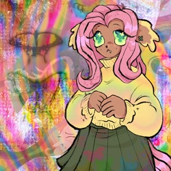 Size: 1200x1200 | Tagged: safe, artist:larvaecandy, fluttershy, butterfly, human, kemonomimi, g4, :<, abstract background, alternate eye color, blush lines, blushing, clothes, colored pinnae, colored sclera, cutie mark accessory, cutie mark earrings, cutie mark eyes, ear fluff, ear piercing, eared humanization, earring, eye clipping through hair, fangs, female, floppy ears, green eyes, green sclera, green skirt, hands together, humanized, jewelry, mixed media, no pupils, piercing, pink hair, pleated skirt, shiny eyes, shiny hair, skirt, solo, sweater, sweatershy, tan skin, turtleneck, turtleneck sweater, wingding eyes, yellow sweater