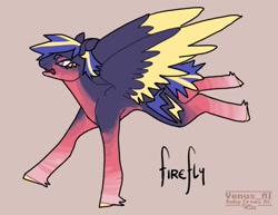 Size: 1453x1120 | Tagged: safe, artist:venus_ai_, firefly, pegasus, pony, g1, alternate cutie mark, alternate design, alternate hairstyle, blue coat, colored wings, eyelashes, female, mare, pink eyes, pose, raised hooves, raised leg, red coat, signature, simple background, spread wings, tail, title card, two toned mane, two toned tail, two toned wings, unshorn fetlocks, wings, yellow hooves