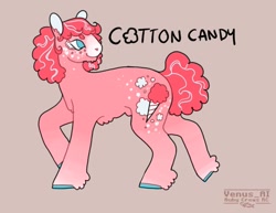 Size: 1453x1120 | Tagged: safe, artist:venus_ai_, cotton candy (g1), earth pony, pony, g1, alternate cutie mark, alternate design, alternate hairstyle, blue eyes, curly mane, curly tail, female, mare, not pinkie pie, pink coat, pink mane, pink tail, raised leg, signature, simple background, tail, title card, two toned mane, two toned tail, unshorn fetlocks