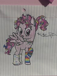 Size: 3024x4032 | Tagged: safe, artist:lnx1ynight16, bifröst, pegasus, pony, g4, accessory, blood, bracelet, clothes, colored pencil drawing, colorful, female, friendship student, full body, grin, hair accessory, hooves, jewelry, kandi, leg warmers, leggings, lined paper, looking at you, mare, necklace, paper, raised hoof, signature, simple background, smiling, solo, spread wings, tail accessory, traditional art, wings