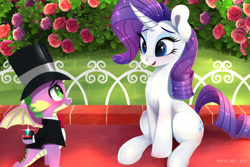 Size: 2400x1600 | Tagged: safe, artist:darksly, rarity, spike, pony, unicorn, g4, age difference, atg 2024, blushing, bush, couple, cute, diamond ring, duo, duo male and female, engagement ring, female, flower, hat, horn, male, mare, newbie artist training grounds, open mouth, open smile, raribetes, rose, ship:sparity, shipping, sitting, smiling, spikabetes, straight, top hat, winged spike, wings