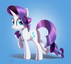 Size: 2160x1923 | Tagged: safe, artist:brdte, rarity, pony, unicorn, g4, butt, commission, female, gradient background, grin, horn, looking at you, looking back, looking back at you, mare, plot, raised hoof, raised leg, rearity, signature, smiling, smiling at you, solo, standing on two hooves, tail