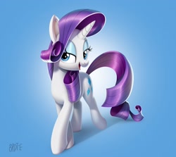 Size: 2160x1923 | Tagged: safe, artist:brdte, rarity, pony, unicorn, g4, commission, eyeshadow, female, gradient background, horn, lidded eyes, looking at you, makeup, mare, open mouth, open smile, signature, smiling, smiling at you, solo, tail, turned head