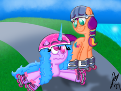 Size: 2160x1620 | Tagged: safe, artist:jesslmc16, izzy moonbow, sunny starscout, earth pony, unicorn, g5, cloud, derp, dizzy, dizzy izzy, dizzy moonbow, duo, duo female, female, helmet, horn, lesbian, mane stripe sunny, maretime bay, ocean, roller skates, shadow, ship:moonscout, shipping, signature, simple background, skates, water, wavy mouth