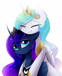 Size: 2400x2925 | Tagged: safe, artist:magnaluna, princess celestia, princess luna, alicorn, pony, g4, crown, curved horn, cute, cutelestia, duo, duo female, ethereal mane, eyes closed, female, folded wings, high res, horn, hug, hug from behind, jewelry, lidded eyes, lunabetes, mare, peytral, regalia, royal sisters, sibling love, siblings, simple background, sisterly love, sisters, smiling, sweet dreams fuel, white background, wings