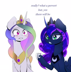 Size: 2199x2229 | Tagged: safe, artist:magnaluna, princess celestia, princess luna, alicorn, pony, g4, blushing, chest fluff, curved horn, dialogue, duo, duo female, ear fluff, female, folded wings, high res, hoof shoes, horn, mare, open mouth, peytral, princess shoes, raised hoof, royal sisters, siblings, simple background, sisters, white background, wings