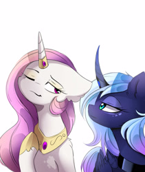 Size: 2400x2845 | Tagged: safe, artist:magnaluna, princess celestia, princess luna, alicorn, pony, g4, curved horn, duo, duo female, eye contact, female, folded wings, high res, hoof shoes, horn, horn jewelry, horn ring, jewelry, looking at each other, looking at someone, mare, one eye closed, peytral, princess shoes, profile, ring, royal sisters, siblings, simple background, sisters, smiling, smirk, unamused, white background, wings, wink