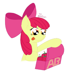 Size: 1509x1510 | Tagged: safe, artist:zeccy, apple bloom, earth pony, pony, g4, apple bloom's bow, atg 2024, bow, female, filly, foal, food, hair bow, lunchbox, newbie artist training grounds, signature, simple background, solo, strawberry, tongue out, transparent background