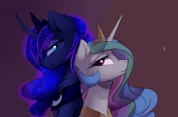 Size: 3400x2245 | Tagged: safe, artist:magnaluna, princess celestia, princess luna, alicorn, pony, g4, back to back, bedroom eyes, curved horn, duo, duo female, ethereal mane, female, high res, horn, looking at each other, looking at someone, looking back, mare, peytral, royal sisters, siblings, simple background, sisters, smiling, smiling at each other