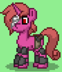 Size: 399x464 | Tagged: safe, artist:blackblade360, oc, oc only, oc:red horn, pony, unicorn, ashes town, fallout equestria, pony town, armor, bandage, digital art, fallout, gun, gun holster, horn, magenta coat, male, pixel art, raider, raider armor, red eyes, red mane, red tail, solo, stallion, stallion oc, story included, tail, unicorn oc, weapon