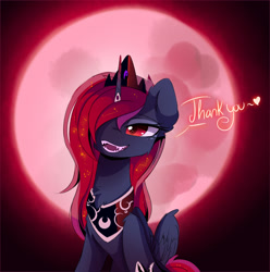 Size: 1920x1932 | Tagged: safe, artist:magnaluna, princess luna, alicorn, pony, g4, alternate hair color, blood moon, blood moon luna, chest fluff, crown, dialogue, fangs, female, full moon, hair over one eye, horn, horn jewelry, horn ring, jewelry, looking at you, mare, modified accessory, moon, open mouth, open smile, peytral, regalia, ring, sitting, smiling, smiling at you, solo, thank you, wings