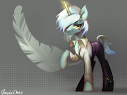 Size: 1080x810 | Tagged: safe, artist:unclechai, oc, oc only, oc:xin yamei, pony, unicorn, clothes, feather, gradient background, gray background, horn, magic, shadow, solo, suit