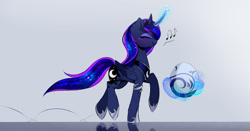 Size: 1955x1023 | Tagged: safe, artist:magnaluna, princess luna, alicorn, pony, g4, crown, curved horn, dragon egg, egg, eyes closed, female, folded wings, glowing, glowing horn, happy, hoof shoes, horn, humming, jewelry, levitation, magic, magic aura, mare, music notes, peytral, princess shoes, profile, raised hoof, regalia, side view, skipping, smiling, solo, tail, telekinesis, wings