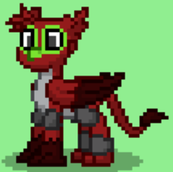 Size: 403x400 | Tagged: safe, artist:blackblade360, oc, oc only, oc:red claw, griffon, pony, ashes town, fallout equestria, pony town, armor, claws, colored wings, digital art, facial markings, fallout, green eyes, griffon oc, makeup, pixel art, raider, raider armor, red feathers, red skin, solo, torn ear, two toned wings, wings