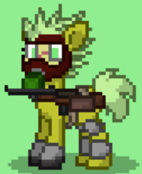 Size: 334x407 | Tagged: safe, artist:blackblade360, oc, oc only, oc:grimlock, earth pony, pony, ashes town, fallout equestria, armor, armored pony, battle saddle, digital art, earth pony oc, female, gas mask, green coat, green eyes, green mane, green tail, gun, mare, mask, pixel art, raider, raider armor, scar, short tail, solo, spiky mane, story included, tail, weapon