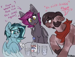 Size: 1692x1294 | Tagged: safe, artist:reddthebat, oc, oc only, oc:alaska (reddthebat), oc:number nine, oc:selena (reddthebat), earth pony, ghost, ghost pony, pegasus, pony, crystal pepsi, dialogue, eyebrows, eyebrows visible through hair, female, floppy ears, furrowed brow, glass, gray background, mare, milk, milk carton, pilk, simple background, trio