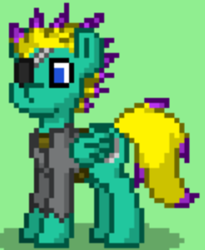 Size: 316x386 | Tagged: safe, artist:blackblade360, oc, oc only, oc:wing crasher, pegasus, pony, ashes town, fallout equestria, blue eyes, clothes, digital art, eyepatch, fallout, green background, green coat, male, pegasus oc, pixel art, raider, shirt, simple background, solo, spiky mane, stallion, stallion oc, story included, tail, two toned mane, two toned tail, wings