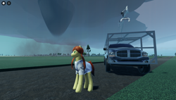 Size: 1858x1057 | Tagged: safe, ruby slippers (g4), earth pony, pony, 3d, clothes, dodge ram, dress, female, game screencap, long legs, pickup truck, pigtails, road, roblox, solo, tornado, tree, twisted (game), wrong eye color