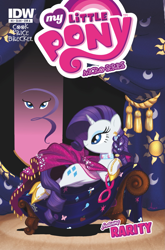 Size: 2063x3131 | Tagged: safe, artist:amy mebberson, idw, official comic, rarity, pony, unicorn, g4, micro-series #3, my little pony micro-series, official, applejack's cutie mark, clothes, comic, comic cover, cover, cover art, cutie mark, fainting couch, female, fluttershy's cutie mark, hoof shoes, horn, mane six cutie marks, mare, my little pony logo, pinkie pie's cutie mark, rainbow dash's cutie mark, rarity's cutie mark, smiling, tail, twilight sparkle's cutie mark
