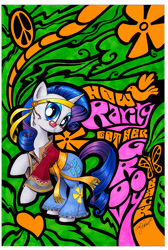 Size: 2172x3227 | Tagged: safe, artist:andy price, idw, rarity, pony, unicorn, g4, micro-series #3, my little pony micro-series, spoiler:comic, clothes, comic, cover, cover art, female, glasses, headband, hippie, horn, looking at you, mare, pants, smiling, solo, tail