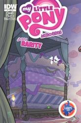 Size: 2063x3131 | Tagged: safe, artist:tony fleecs, idw, official comic, rarity, pony, unicorn, g4, micro-series #3, my little pony micro-series, 2013, bags under eyes, bed, bedroom, blanket, candle, comic cover, cover, cover art, female, horn, indoors, jewelry, mare, mattress, my little pony logo, signature, tired, variant cover