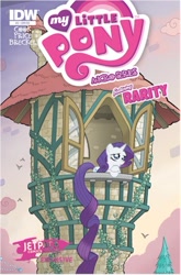 Size: 300x455 | Tagged: safe, artist:tony fleecs, idw, official comic, rarity, bird, pony, unicorn, g4, micro-series #3, my little pony micro-series, comic cover, cover, cover art, crossed hooves, female, horn, long tail, mare, my little pony logo, parody, rapunzel, tail, tower, tree, variant cover