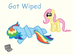 Size: 1149x873 | Tagged: safe, artist:zoeyhorse, fluttershy, rainbow dash, pegasus, pony, g4, duo, duo female, family guy, family guy death pose, female, lesbian, mare, nintendo ds, pokémon, pokémon diamond and pearl, ship:flutterdash, shipping, simple background, text, yellow background