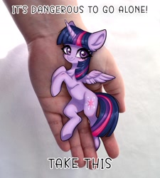 Size: 1485x1651 | Tagged: safe, artist:murny, twilight sparkle, alicorn, human, pony, g4, digital art, female, hand, in goliath's palm, irl, it's dangerous to go alone, mare, meme, photo, ponies in real life, size difference, solo focus, twilight sparkle (alicorn)