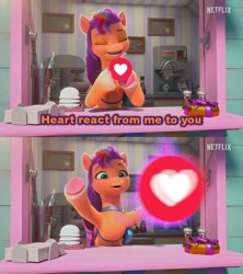 Size: 720x810 | Tagged: safe, edit, edited screencap, editor:zariots, screencap, sunny starscout, earth pony, pony, g5, my little pony: make your mark, my little pony: make your mark chapter 2, eyes closed, facebook reactions, female, heart, holding, logo, mane stripe sunny, netflix, netflix logo, open mouth, pocket mirror, sending, smoothie stand, solo, straw, sunny's bag, text edit, underhoof