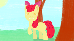 Size: 3840x2160 | Tagged: safe, artist:wissle, apple bloom, earth pony, pony, g4, anime reference, anya forger, atg 2024, female, filly, foal, heh, high res, looking at you, newbie artist training grounds, smiling, smiling at you, smug, solo, spy x family, sun, tree