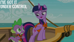 Size: 1920x1080 | Tagged: safe, edit, edited screencap, editor:quoterific, screencap, spike, twilight sparkle, alicorn, dragon, pony, g4, ppov, season 6, boat, cloud, duo, duo male and female, female, folded wings, lifejacket, looking at each other, looking at someone, male, ocean, open mouth, outdoors, rope, twilight sparkle (alicorn), water, wingless spike, wings