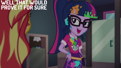 Size: 2000x1125 | Tagged: safe, edit, edited screencap, editor:quoterific, screencap, sci-twi, sunset shimmer, twilight sparkle, human, equestria girls, equestria girls specials, g4, my little pony equestria girls: sunset's backstage pass, bathroom, dialogue, duo, duo female, female, paint in hair