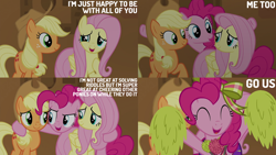 Size: 2000x1125 | Tagged: safe, edit, edited screencap, editor:quoterific, screencap, applejack, fluttershy, pinkie pie, earth pony, pegasus, pony, all bottled up, g4, season 7, female, mare, pom pom, trio, trio female