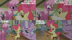 Size: 2000x1125 | Tagged: safe, edit, edited screencap, editor:quoterific, screencap, apple bloom, cheerilee, diamond tiara, silver spoon, earth pony, pony, call of the cutie, g4, season 1, book, bully, bullying, female, filly, foal, mare, ponyville schoolhouse